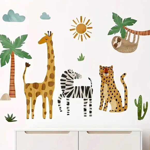 Fun Jungle Safari Animals Giraffe Lion Cheetah Zebra Sloth Reusable Wall Decals - Picture 3 of 3